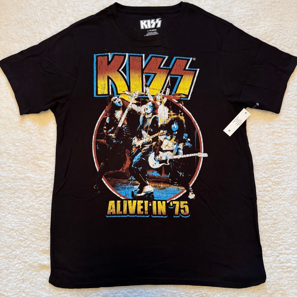 KISS Alive In '75 Band T Shirt‎ Mens Large Black Rock Graphic Tee NWT